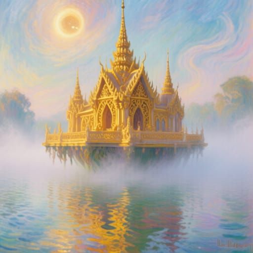 Golden Temple Above Misty Waters Impressionist Gothic Style