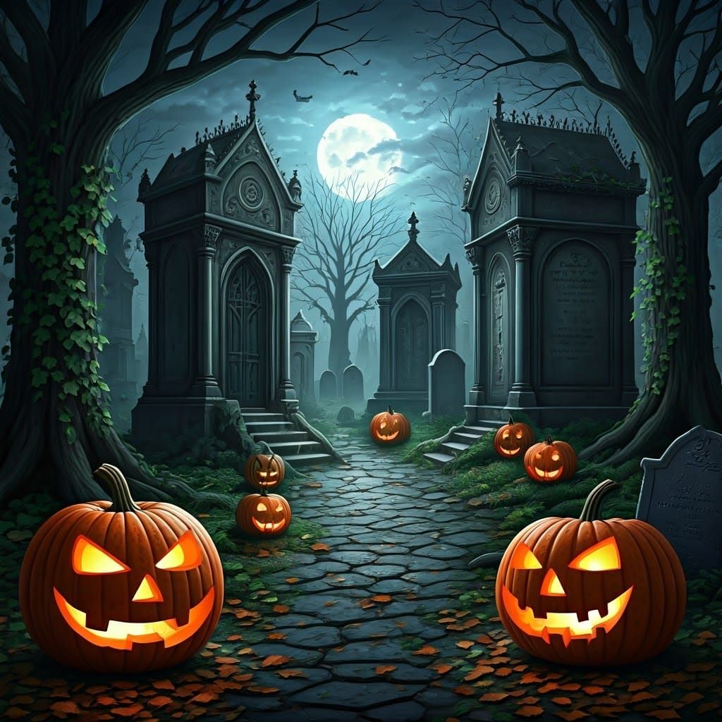 Eerie Halloween Cemetery with Glowing Jack-o'-Lanterns