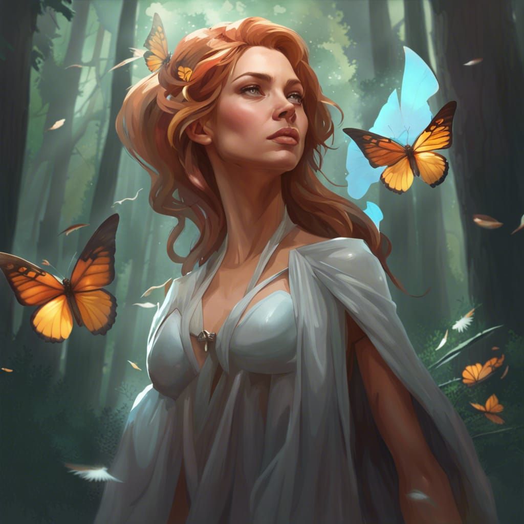 Woman with Butterfly Wings in Forest, Art Nouveau