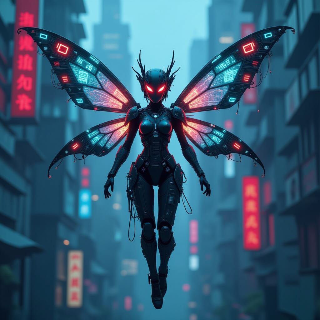 Cyberpunk Fairy with Neon Glow and Metal Wings