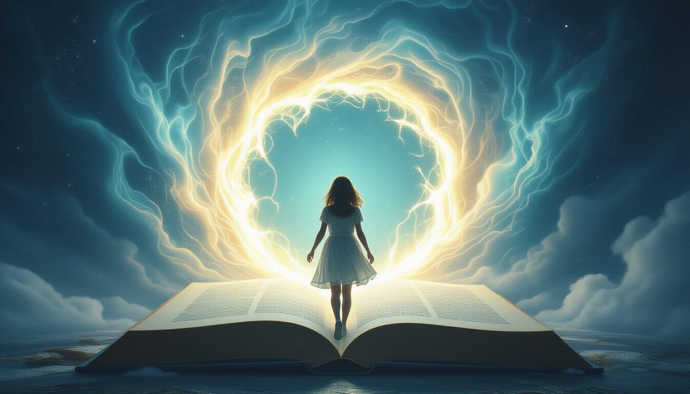 Girl Steps Through Ethereal Book Portal