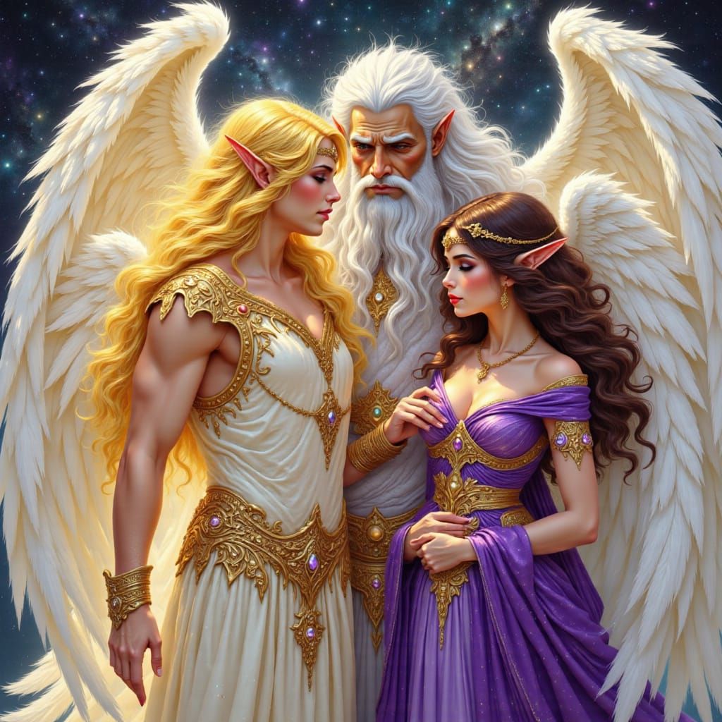 Elf, Zeus, and Inanna in Fantasy Art Style
