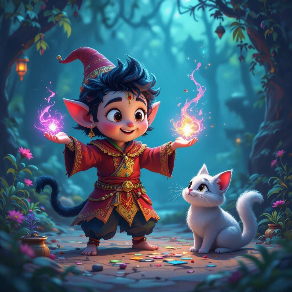 Magical Cheeku Performs Tricks in a Fantasy Landscape