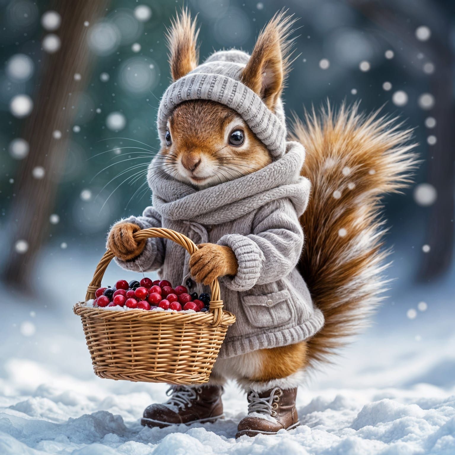 Cute Winter Squirrel in Cosy Coat with Berry Basket