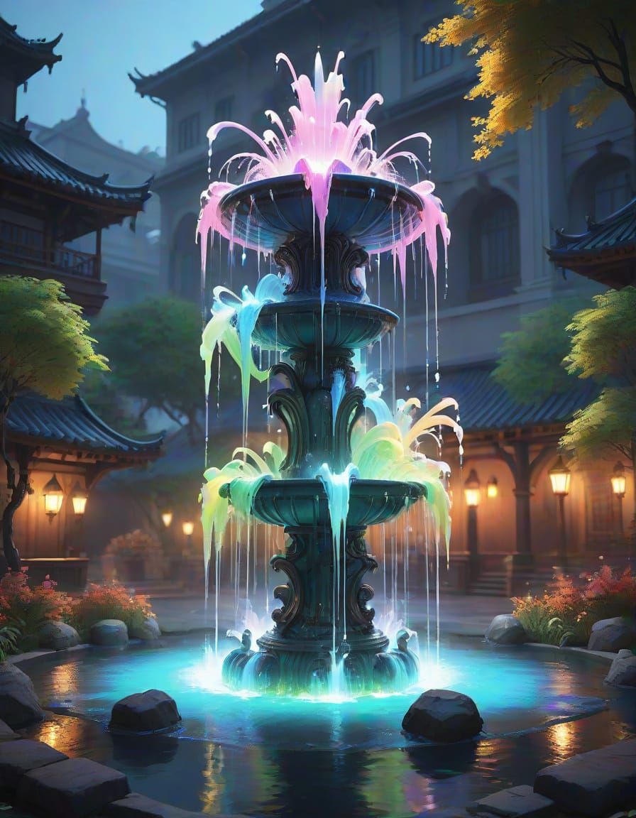 Glowing Water Fountain in 3D Anime Style