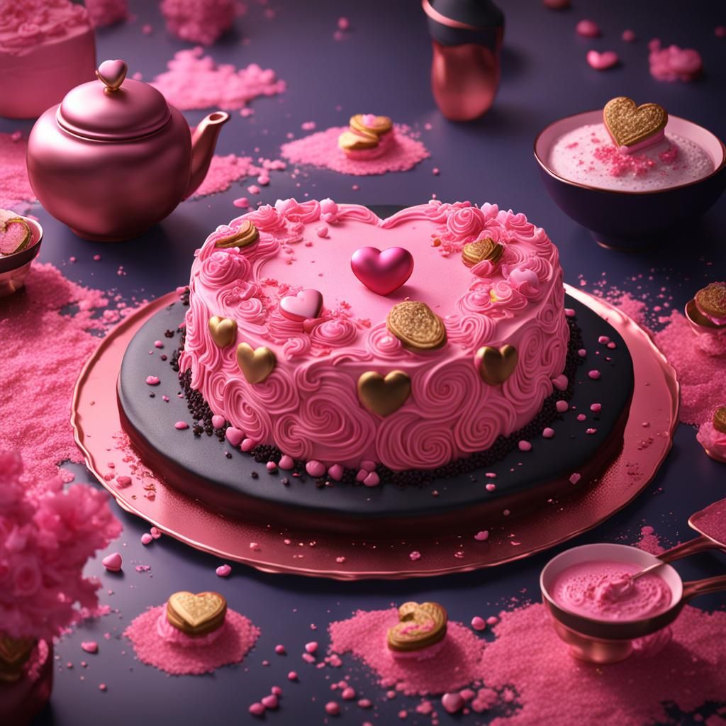 Sweet Pink Heart Dessert on Black Cake