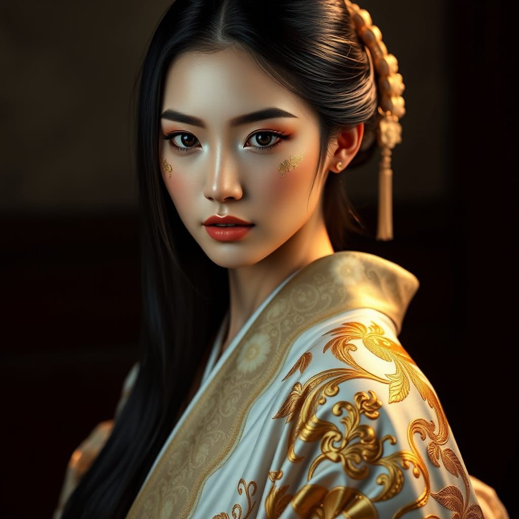 Japanese Woman with Kintsugi Scar in Photorealistic Style