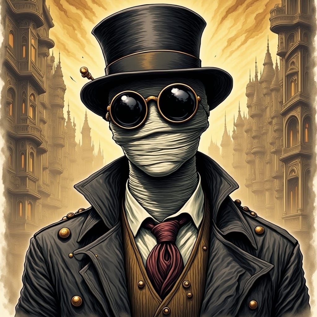 An invisible man wearing a top hat and a trench coat, His invisible face is poorly wrapped with mummy bandages that are ...