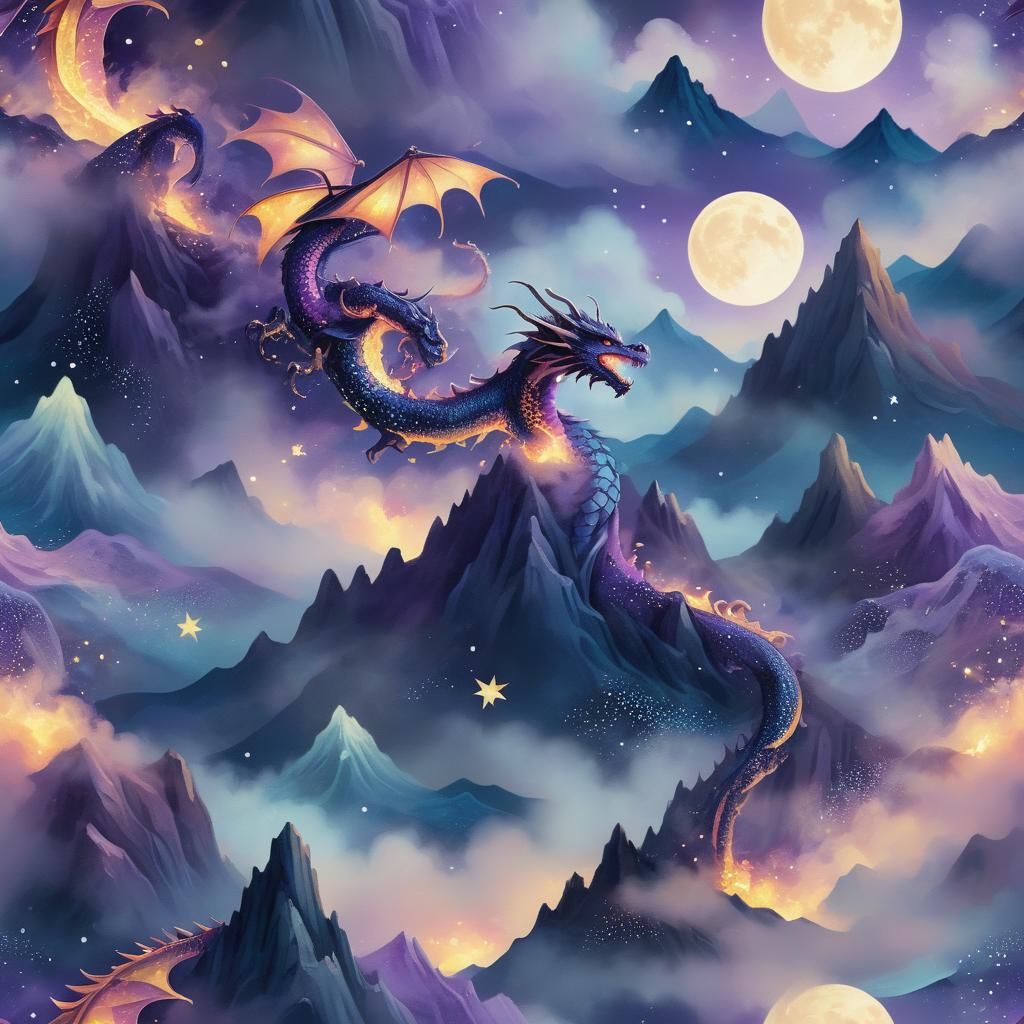 Dragon Fabric Pattern with Fireflies and Moon