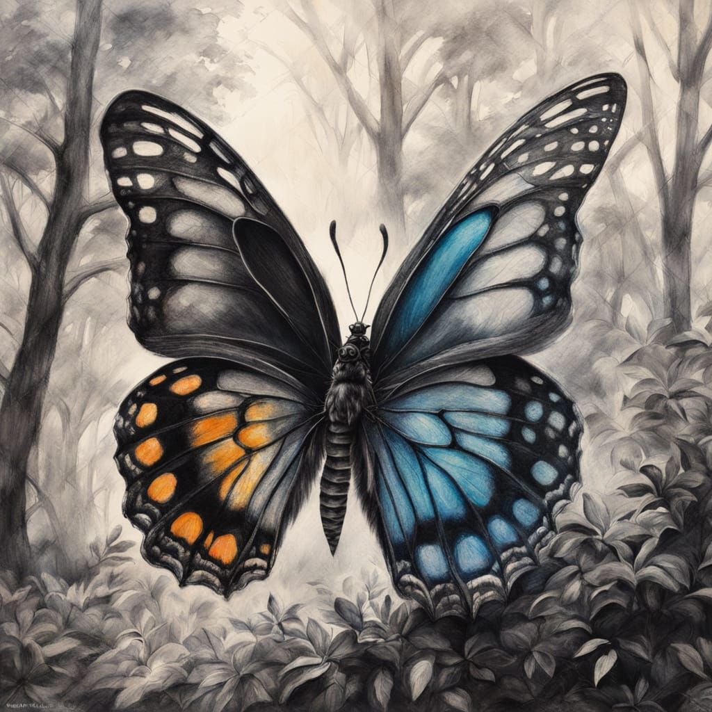 Butterfly in Misty Forest: Gouache Charcoal Drawing