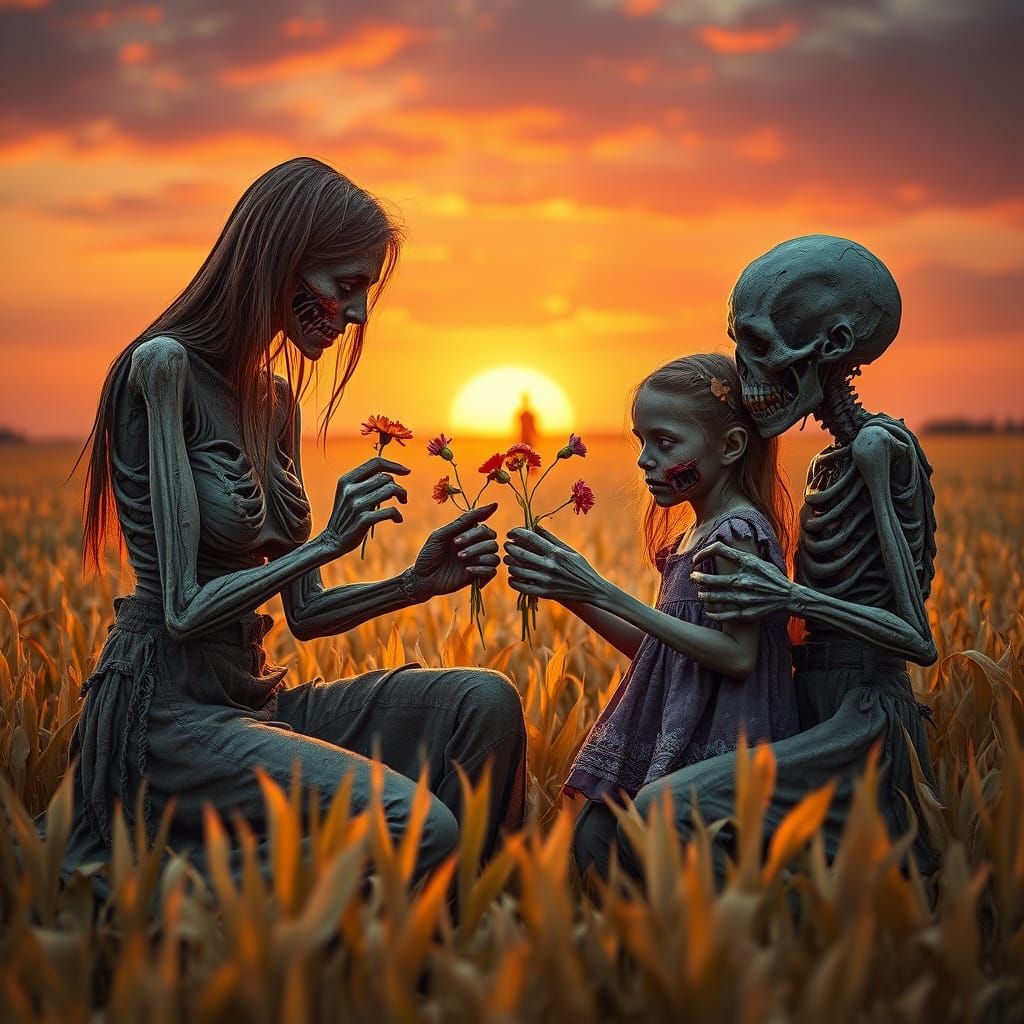 Zombie Family in Golden Cornfield, Tenderly Sharing Seeds an...