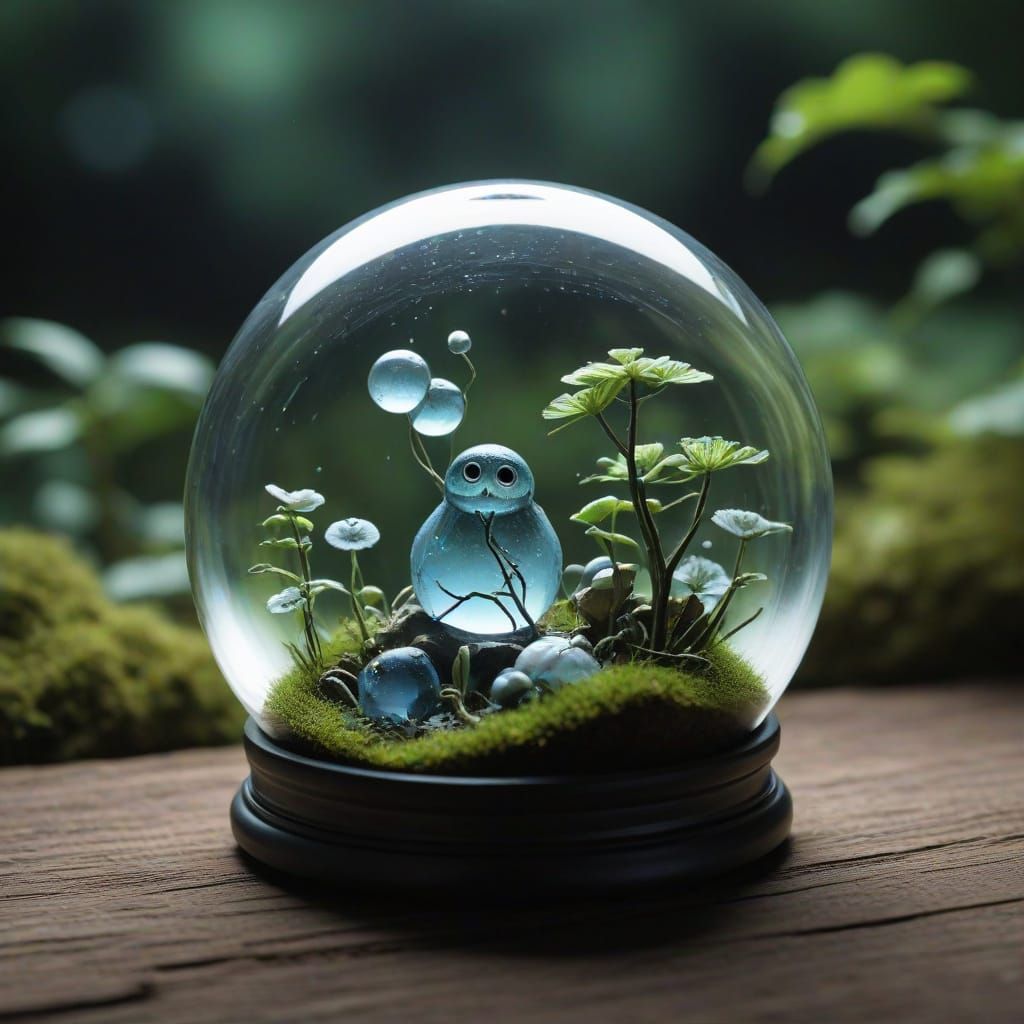 Whimsical Beings Amidst Glowing Glass Spheres