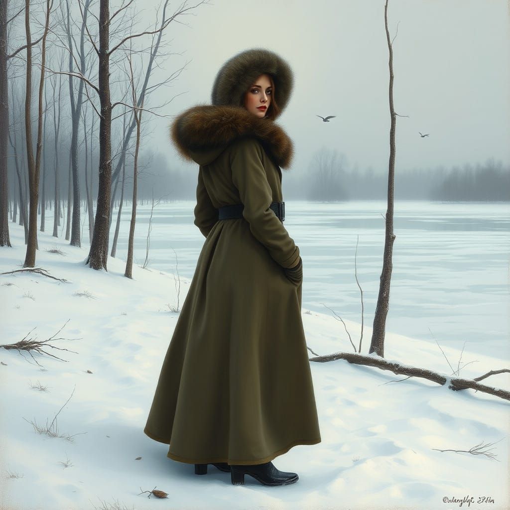 A Lonely Woman in a Snowy Forest, Inspired by Realist Landsc...