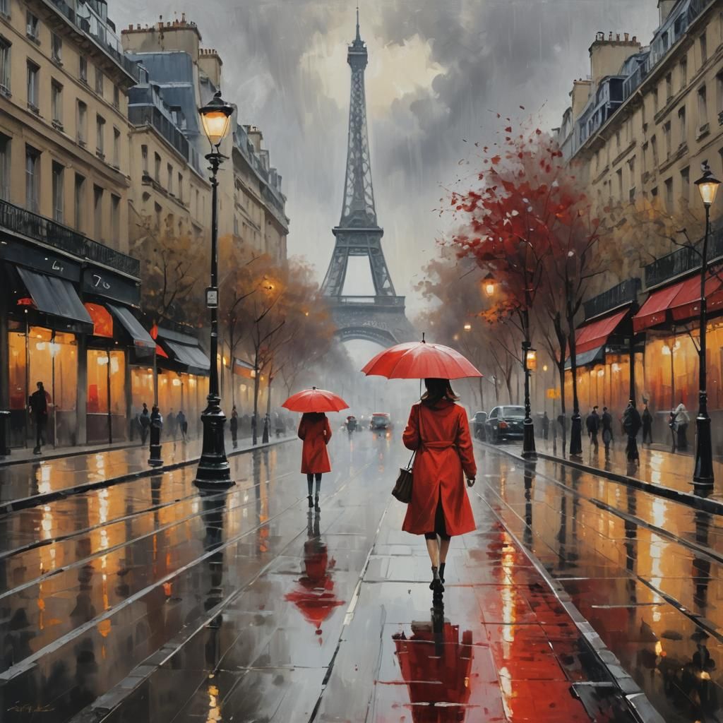 Rainy Paris Street Scene in Impressionist Style