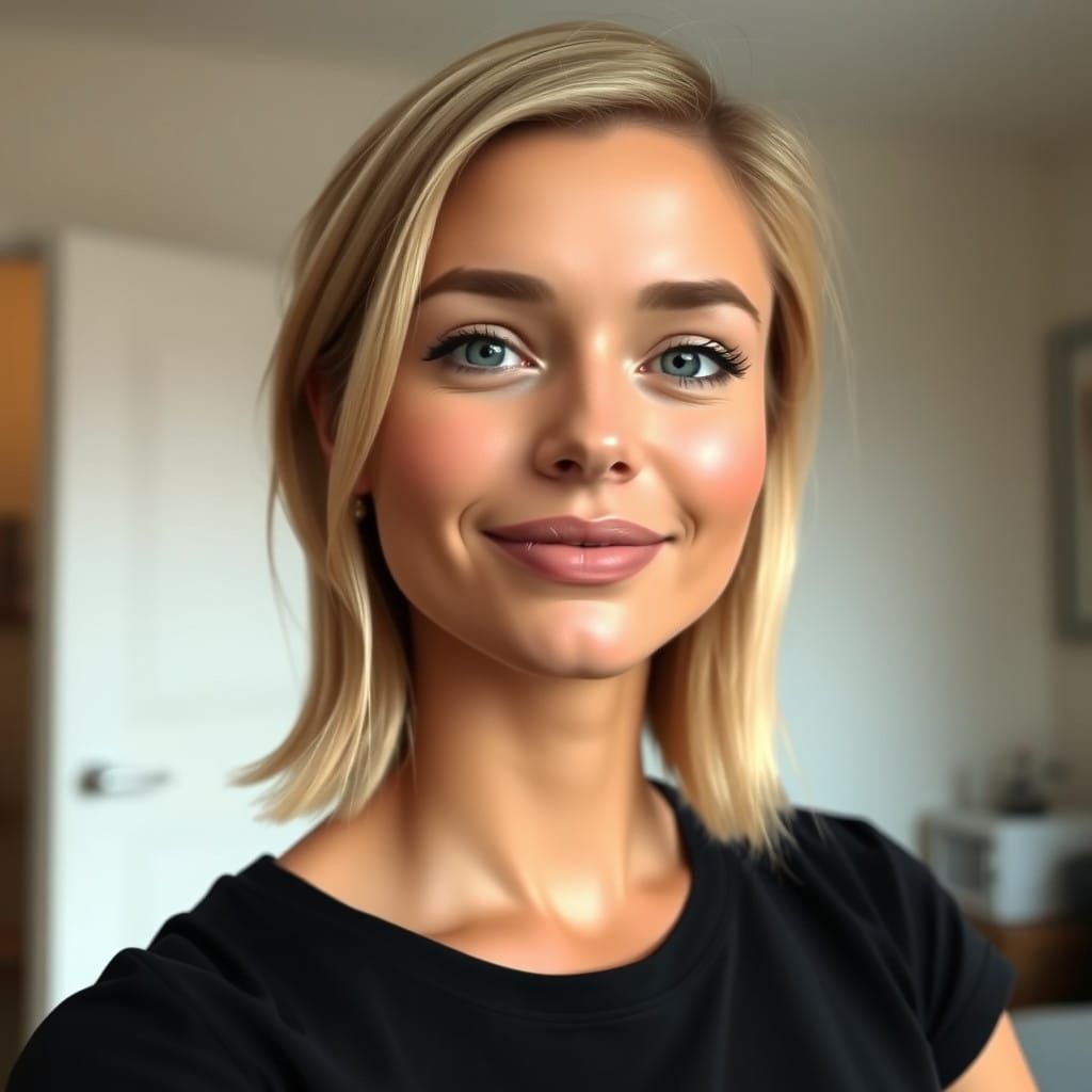 Woman (ethnicity:1.1), (age:25-35), (body type:slim), (pose:casual), (expression:happy), (detailed clothing:1.1, black t...