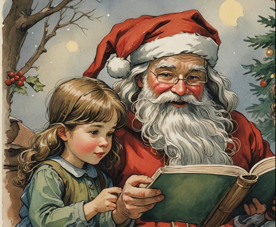 Santa Reading to Children, Fairy Illustration Style