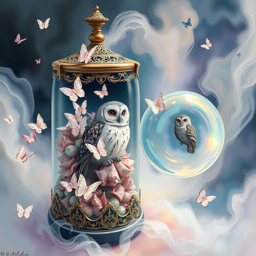 Ethereal Jar with Candy Butterflies and Nocturnal Owls in Al...