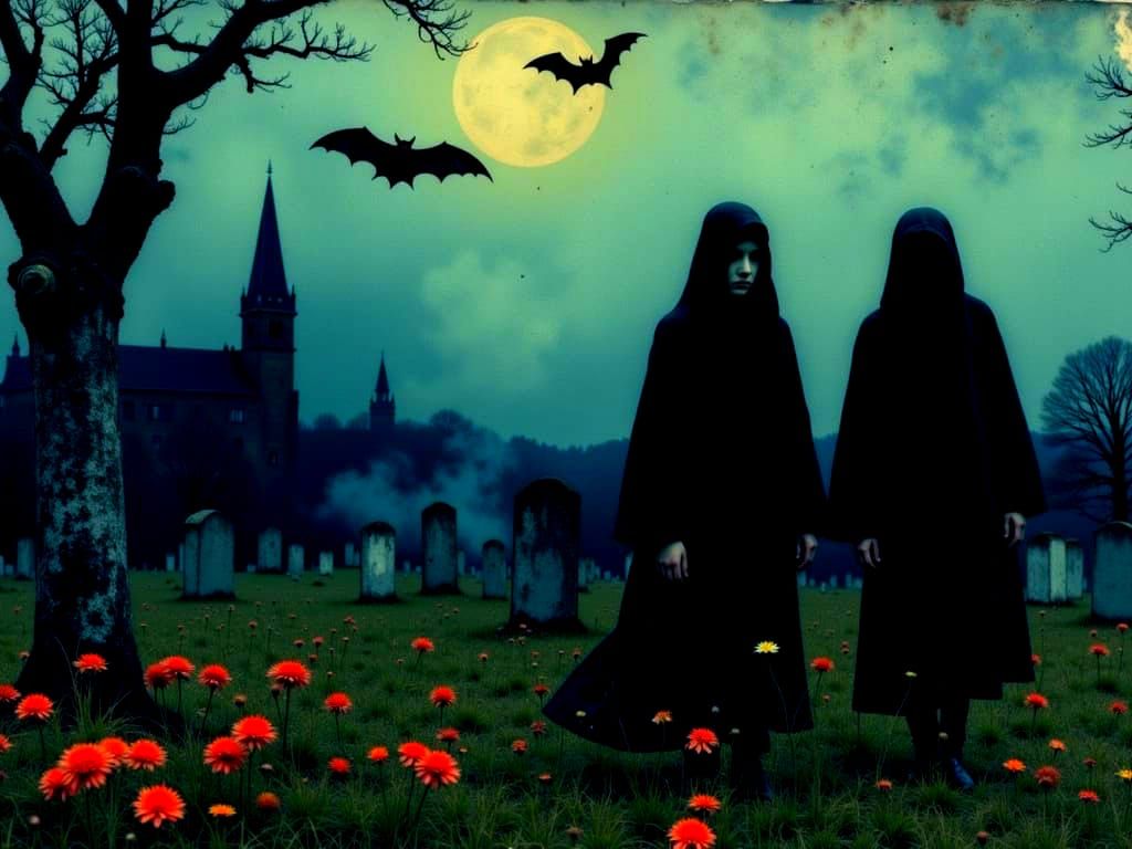 Ghouls in Moonlit Cemetery with Swirling Bats