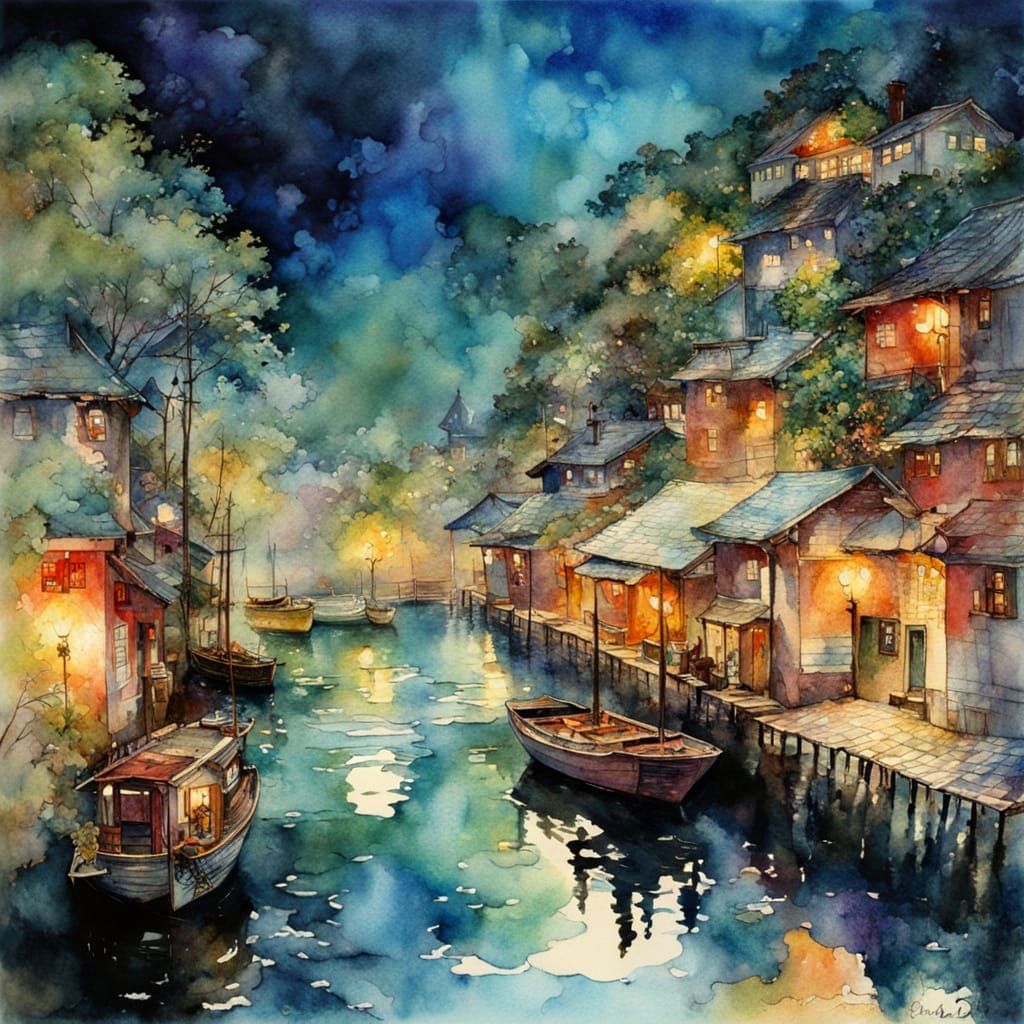 Mysterious Watercolor Harbor at Twilight