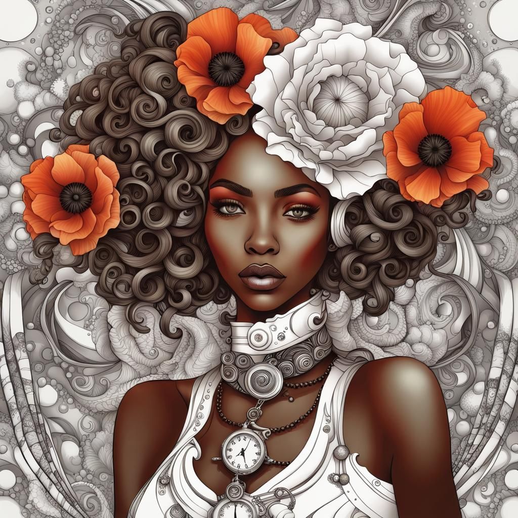 Steampunk African American Art Girls with Poppies