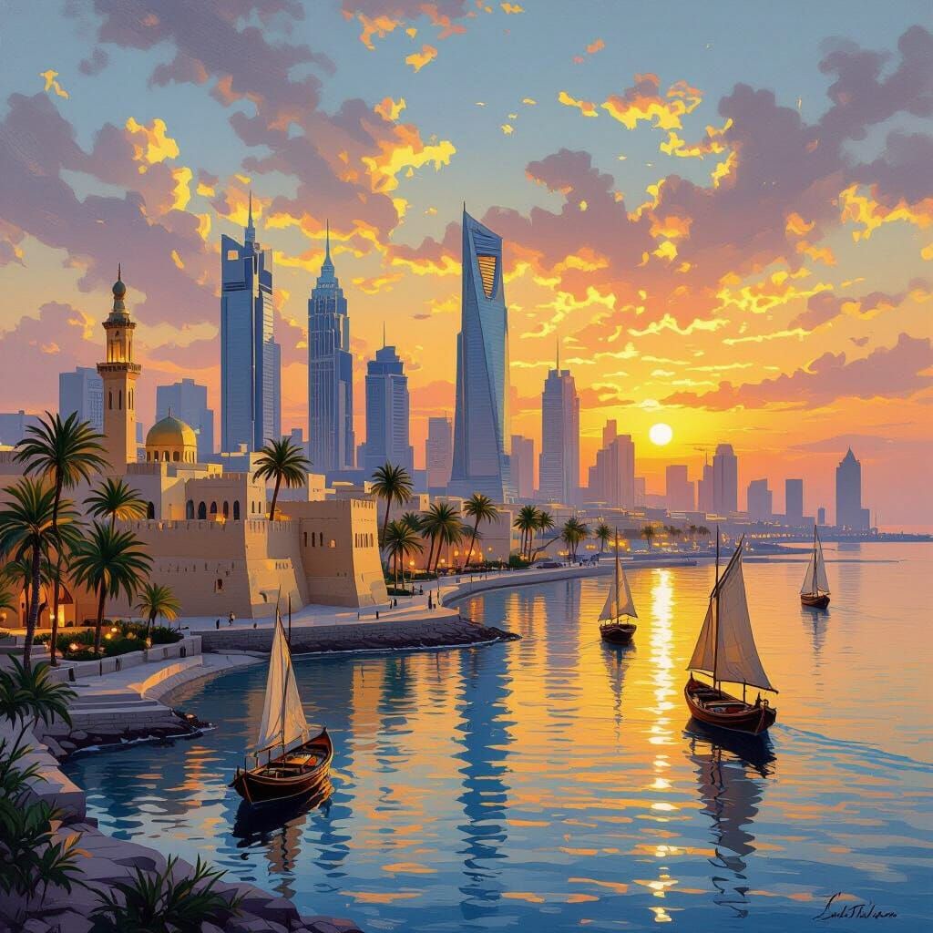 Bahrain Coastline Sunset Panorama in Vibrant Style