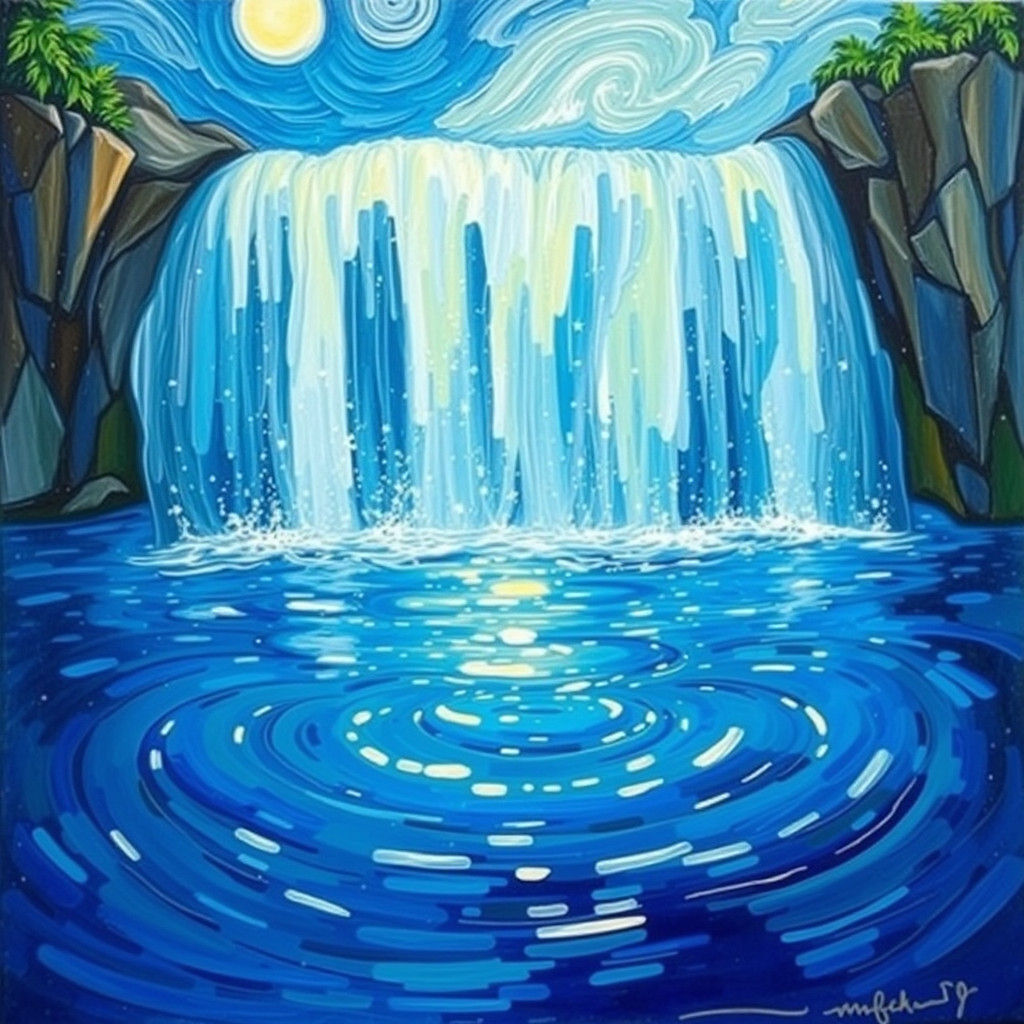 Whimsical Waterfall in Van Gogh Starry Night Style