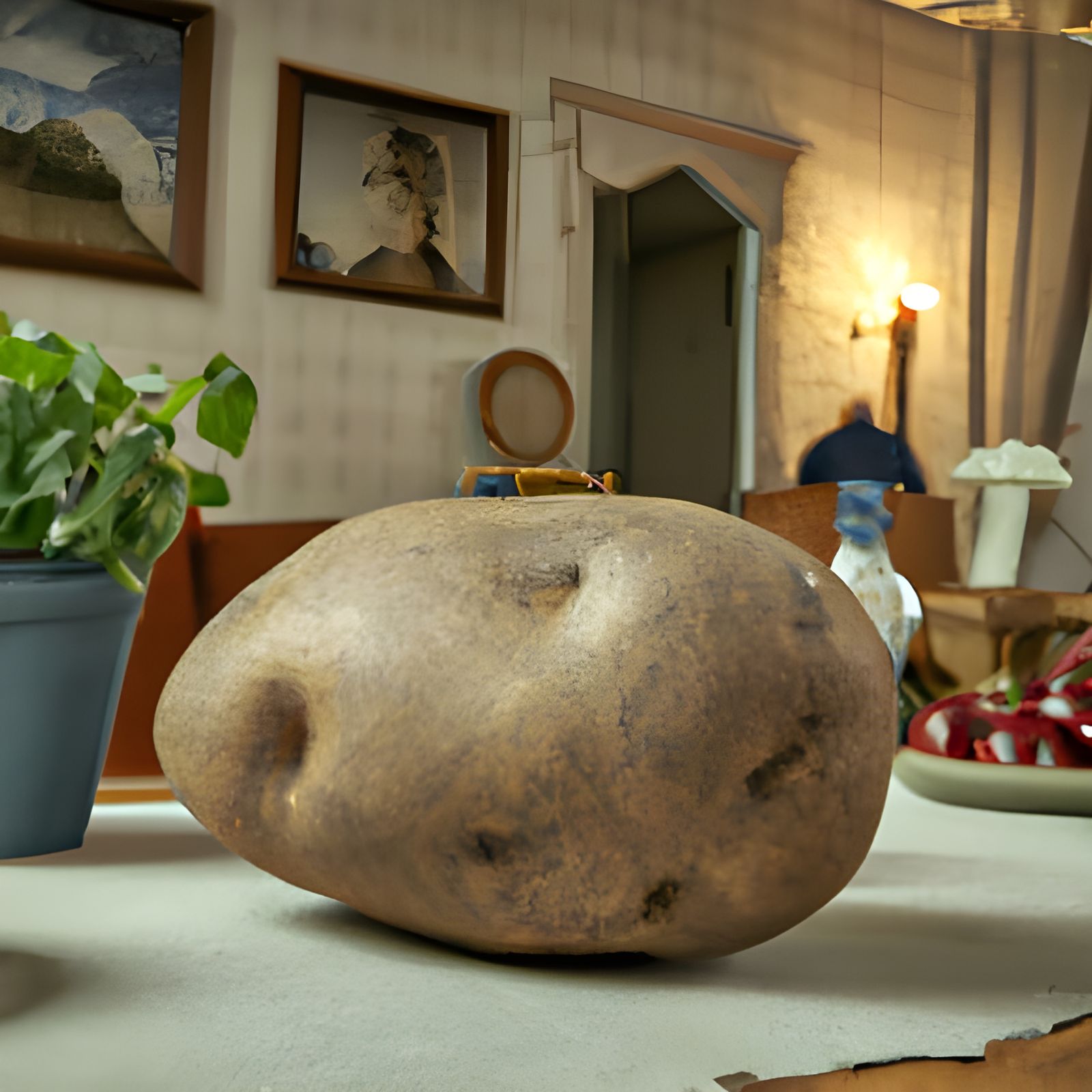 Giant Photorealistic Potato on Decorated Kitchen Table