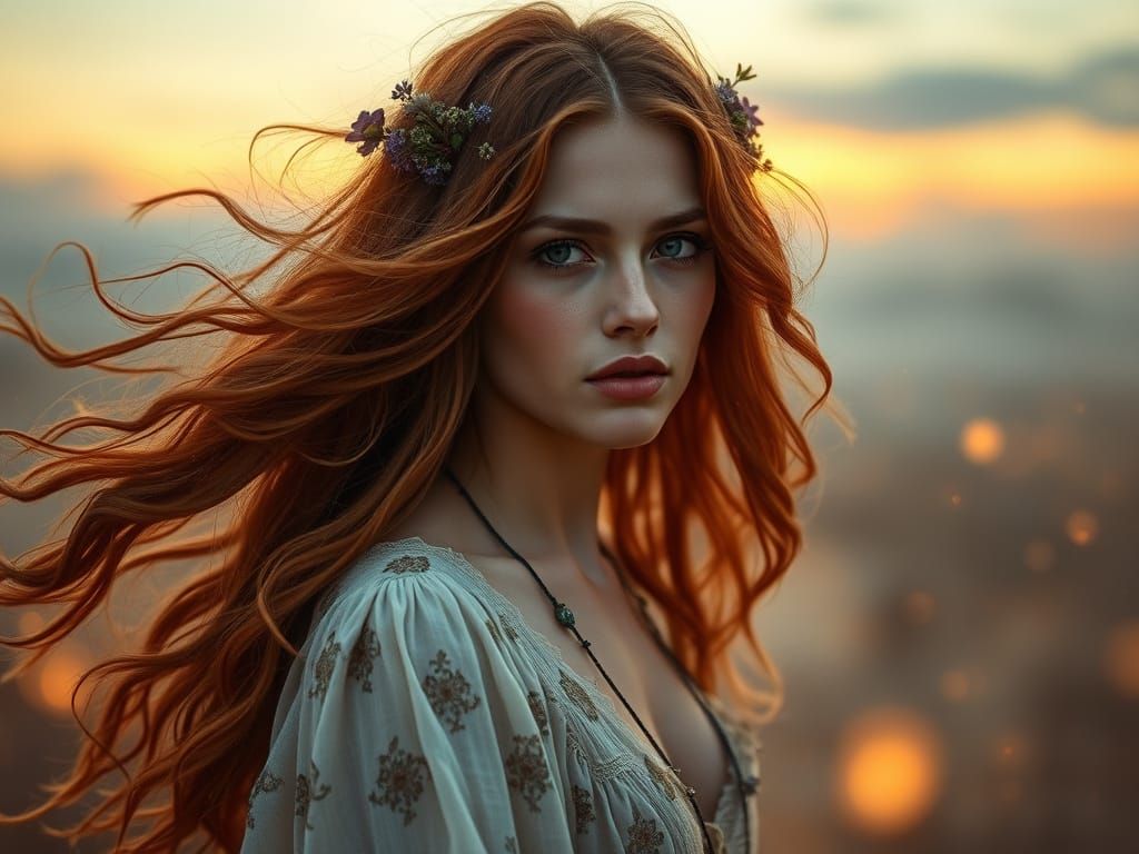 Ethereal Bohemian Woman in Golden Hour Light