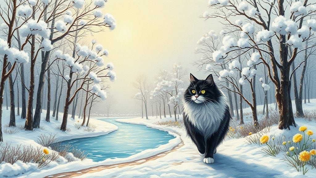 Serene Winter Forest with a Gentle Feline Companion