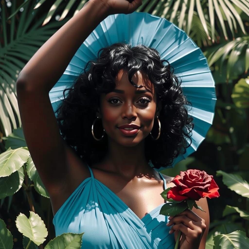 Happy Woman with Rose, 1980s Airbrush Style