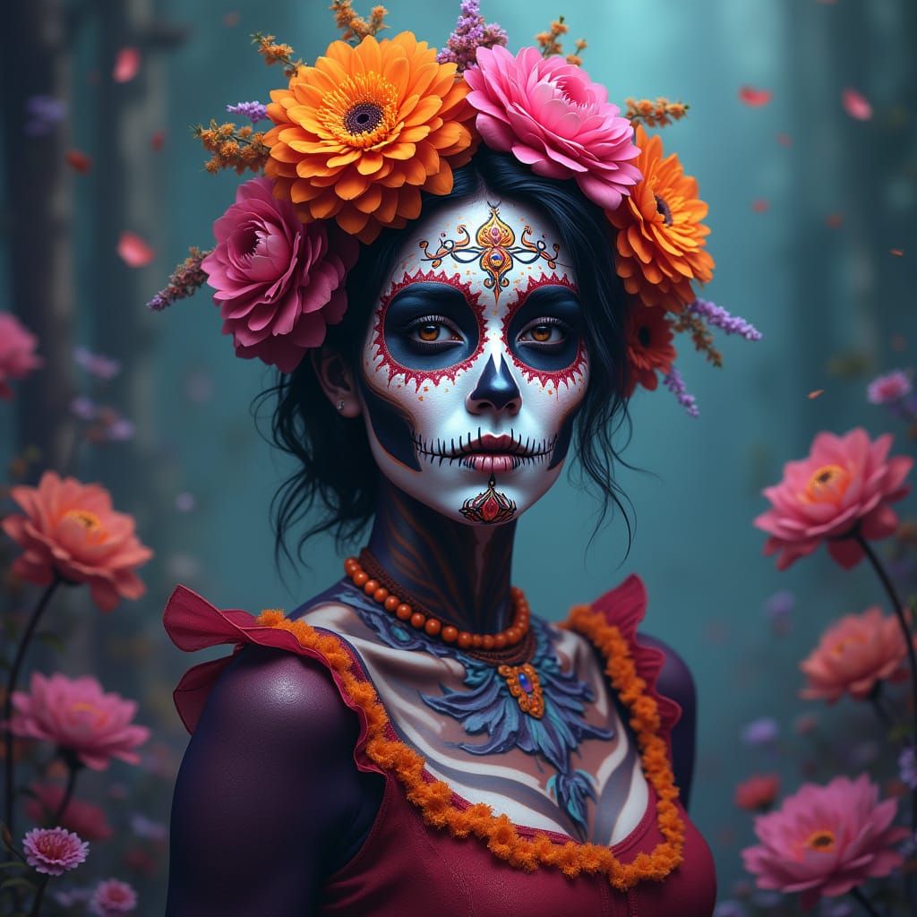 Vibrant Día de los Muertos Face Paint in Fantasy Style