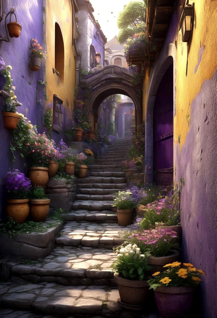 Colorful Alleyway with Stone Steps in 3D