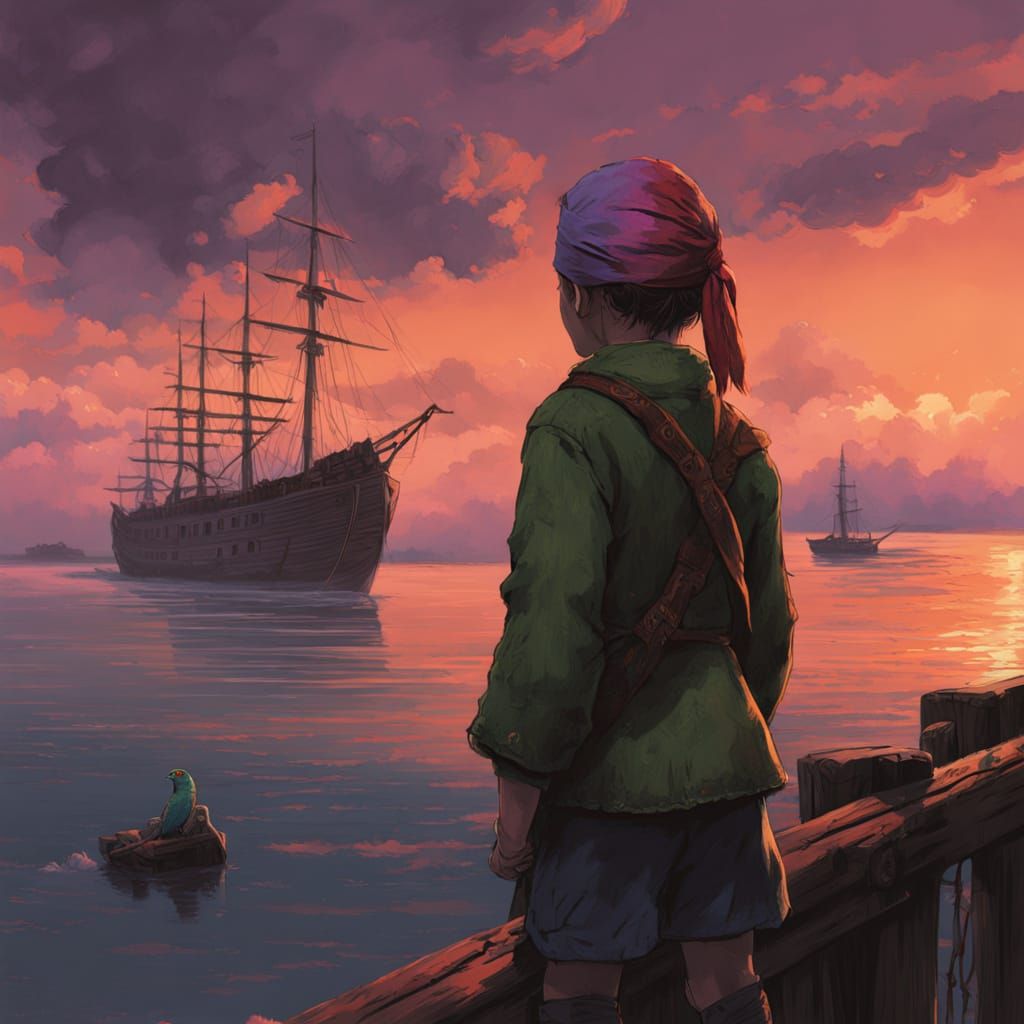 Young Pirate Girl Gazes Out to Sunset Horizon in Vibrant Col...