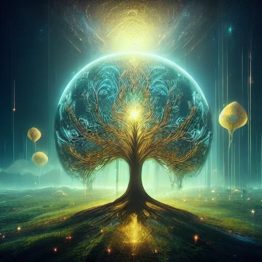 Glowing Tree of Life in Futuristic Landscape