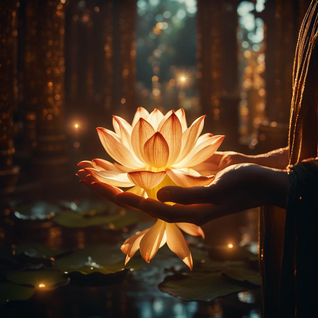 Mystical Hand of God Holding Luminous Lotus