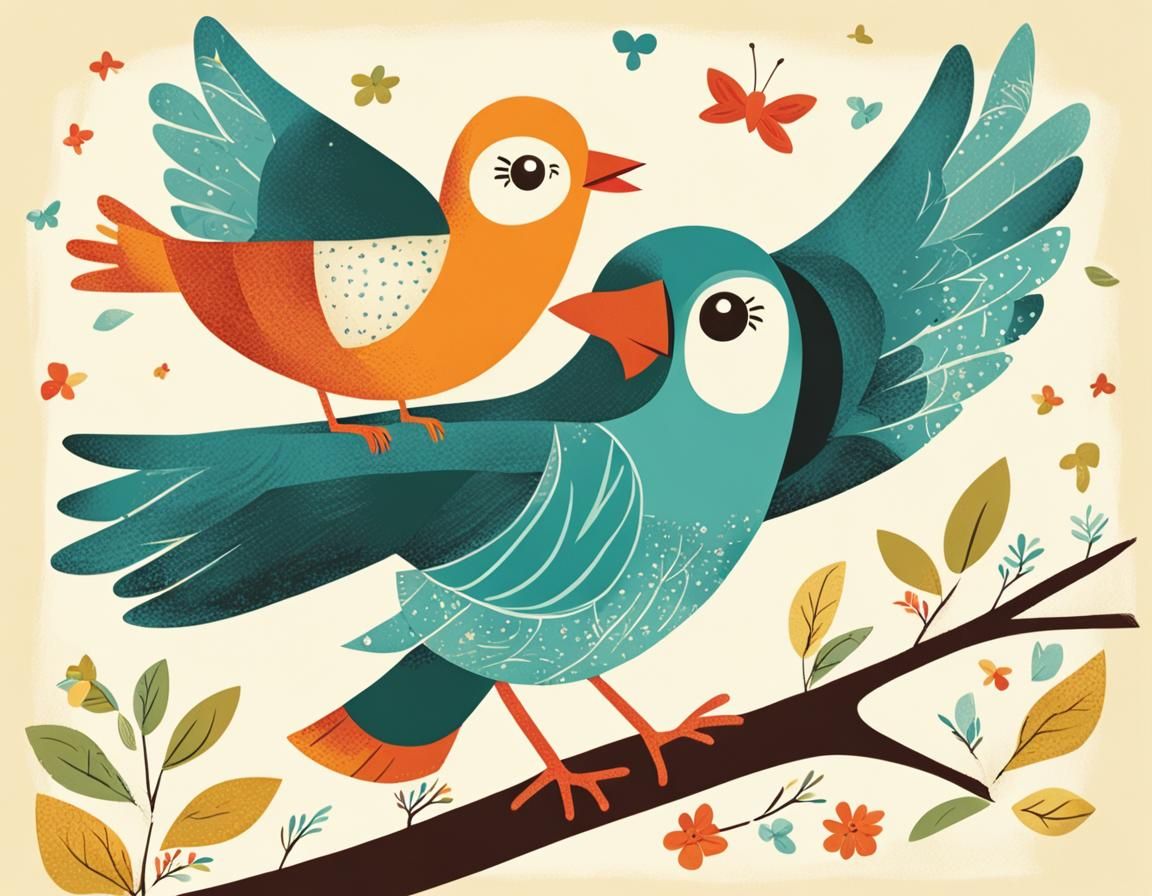 Vintage Style Bird Family Illustration