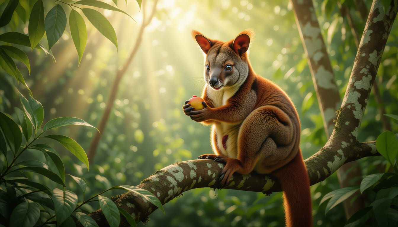 Tree Kangaroo in Rainforest Sunlight