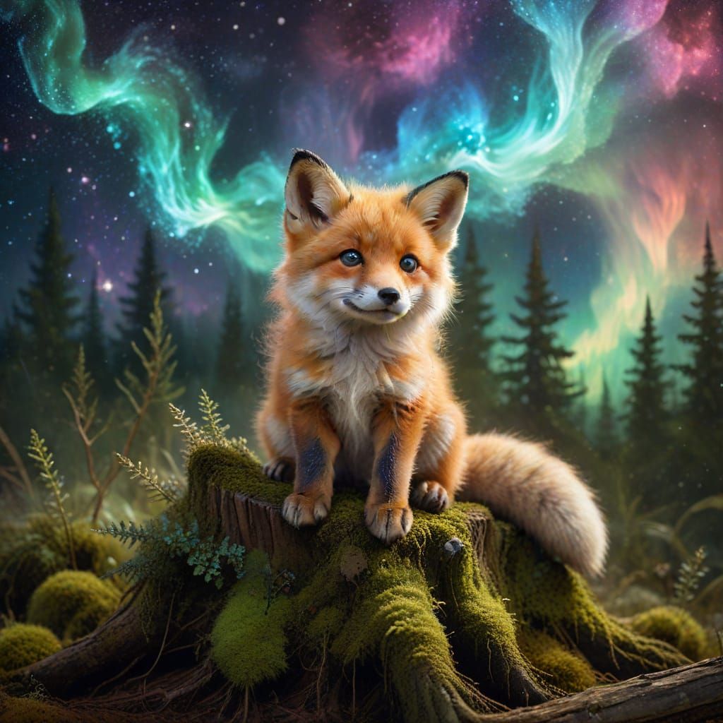 Fluffy Fox Cub Under Cosmic Nebula Sky