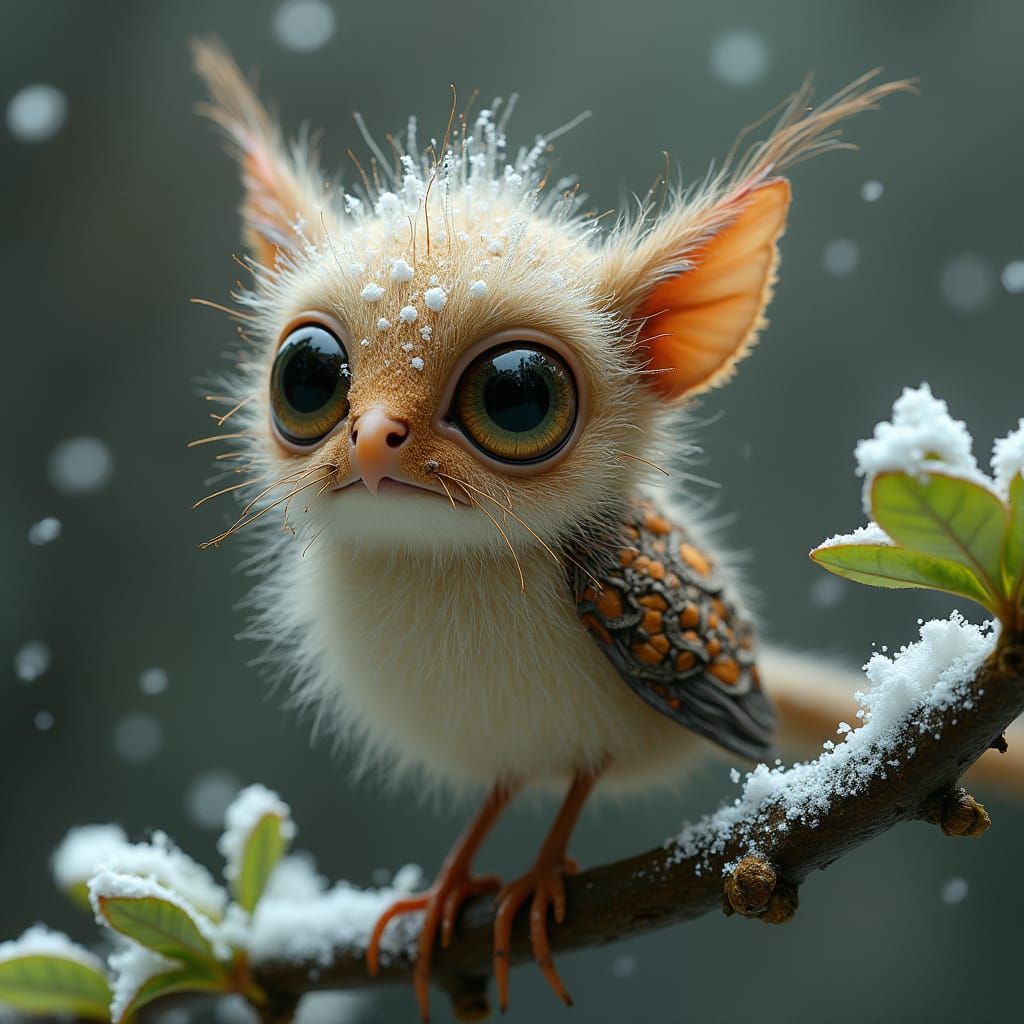 Steampunk Furry Avian Creature on a Snowy Branch