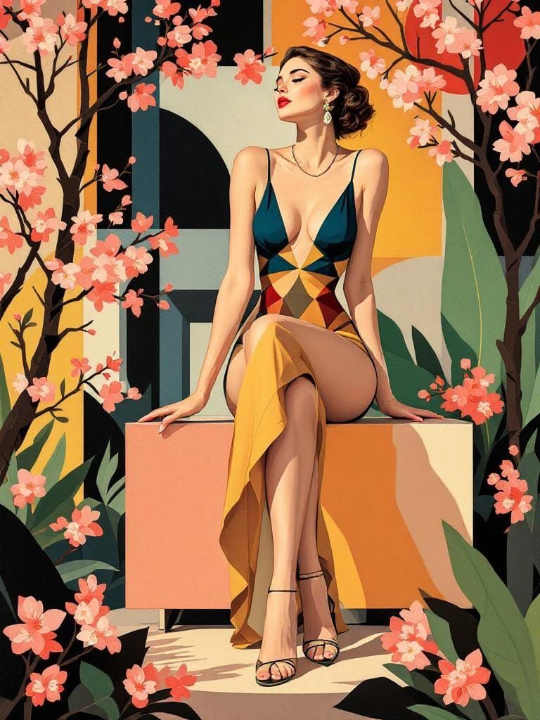 Vintage Pin-Up in Art Deco Style with Geometric Patterns