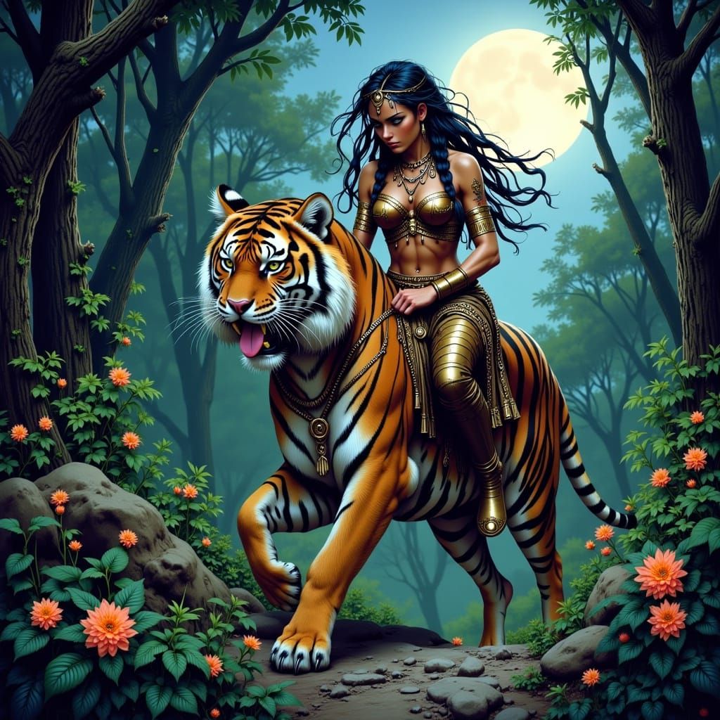 Warrior Woman Rides Tiger in Moonlit Jungle Airbrush Art