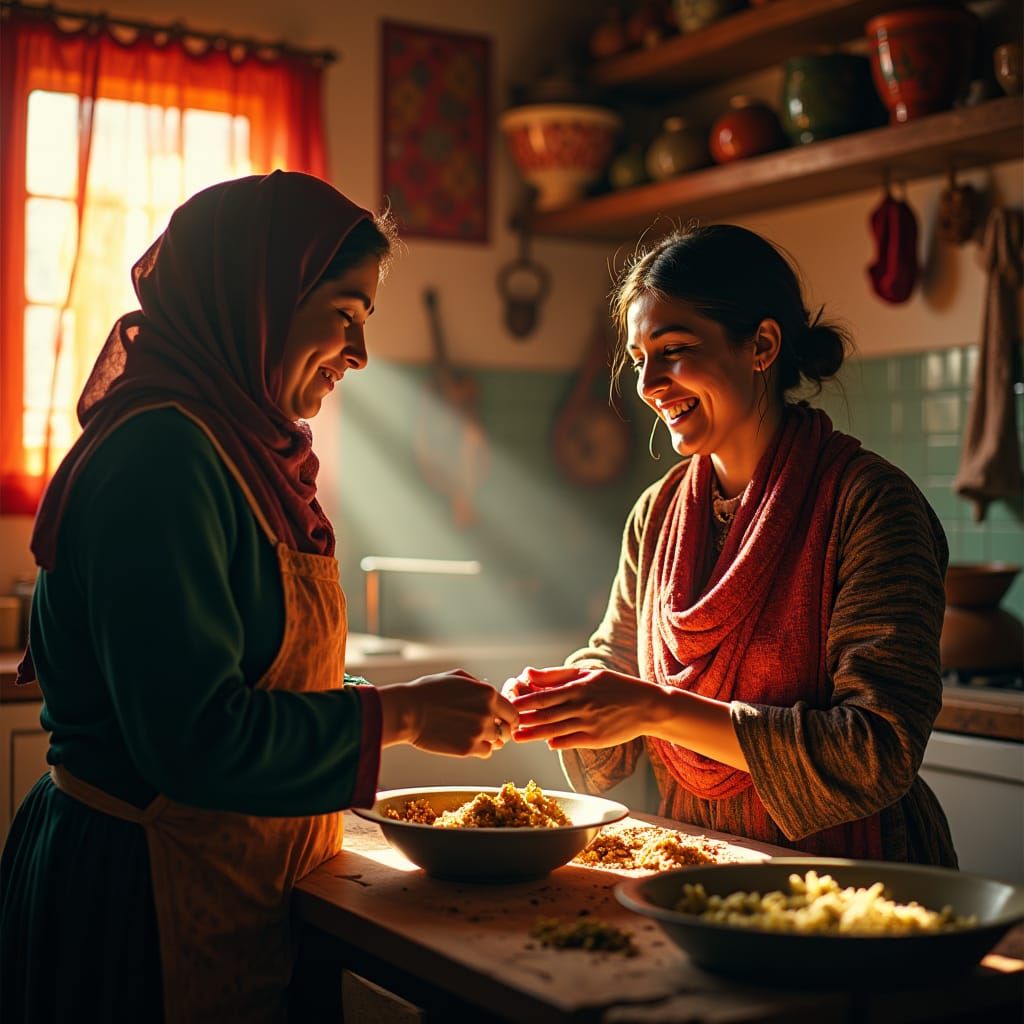 Golden-Lit Afghan Kitchen Scene of Friendship