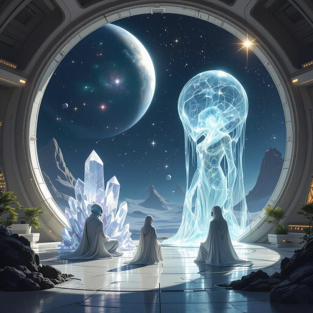 Harmonious Interstellar Meeting in Sci-Fi Art Style