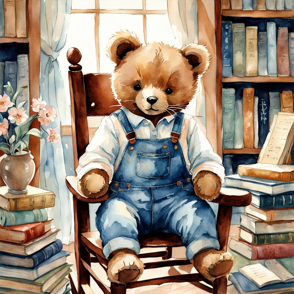 Nostalgic Teddy Bear Reading in a Cozy Library