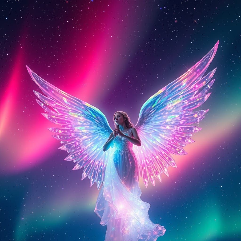 Celestial Angel With Crystal Wings Amidst Aurora Borealis