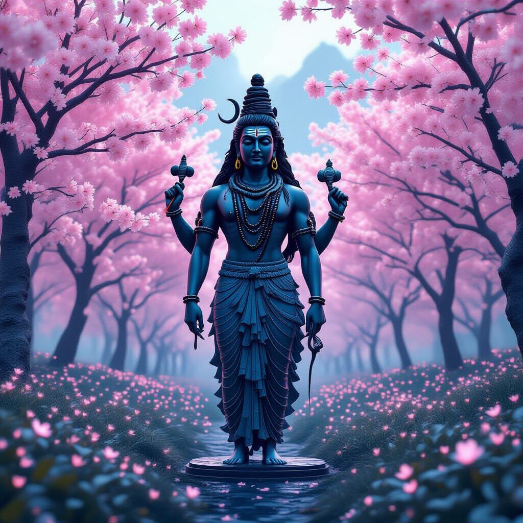 Obsidian Lord Shiva Statue in Bioluminescent Garden
