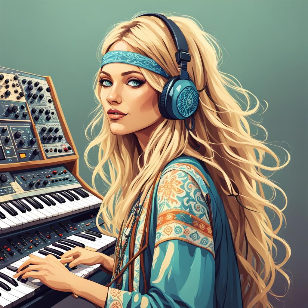 Cute Blonde Hippie with Synthesizer