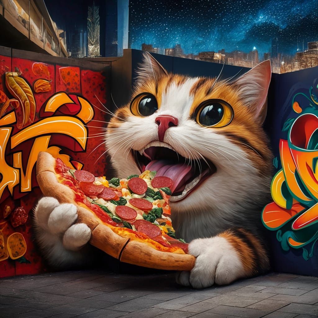 Graffiti Mural of Pizza Cat in Cityscape