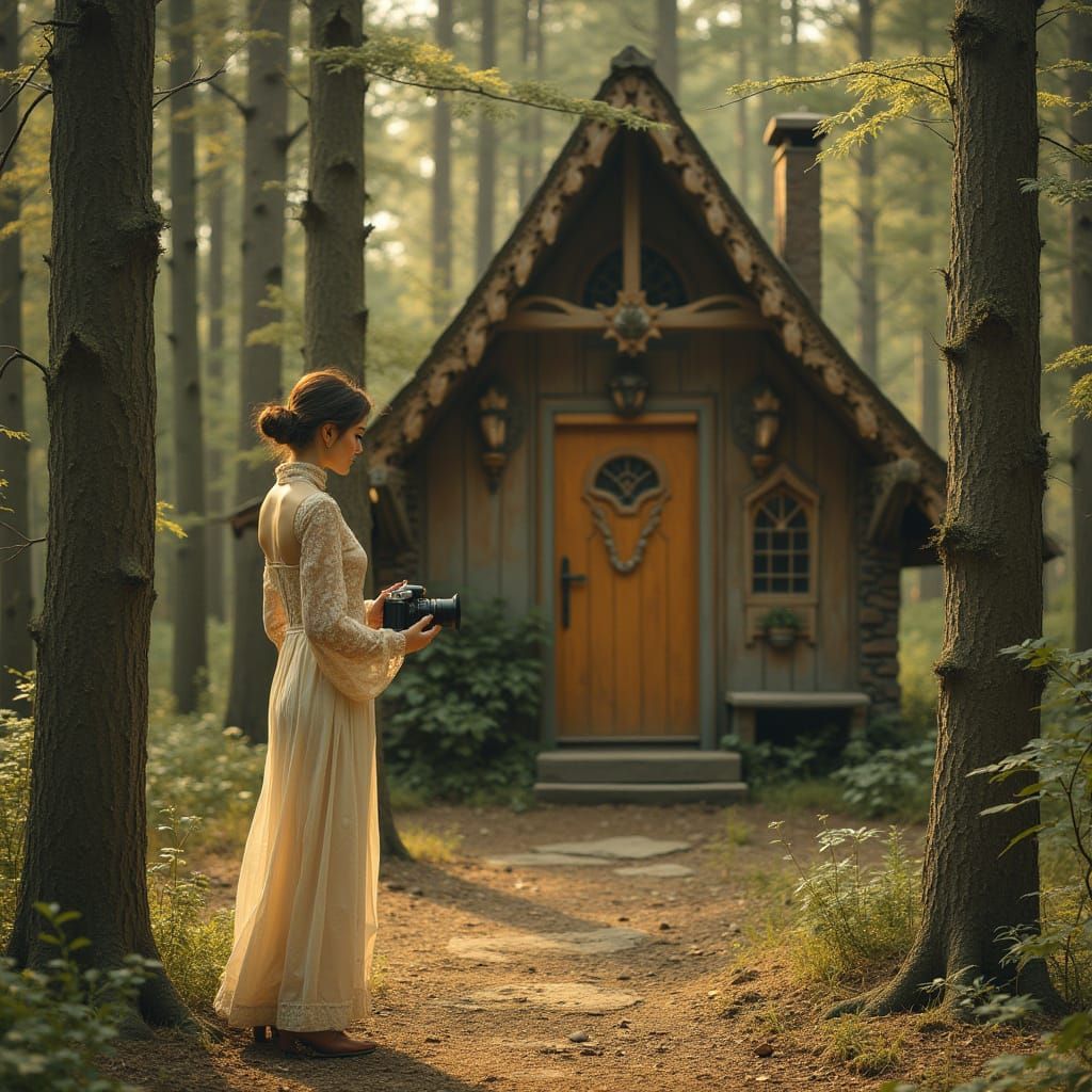 Elegant Woman Captures Rustic Cabin in Art Nouveau Style
