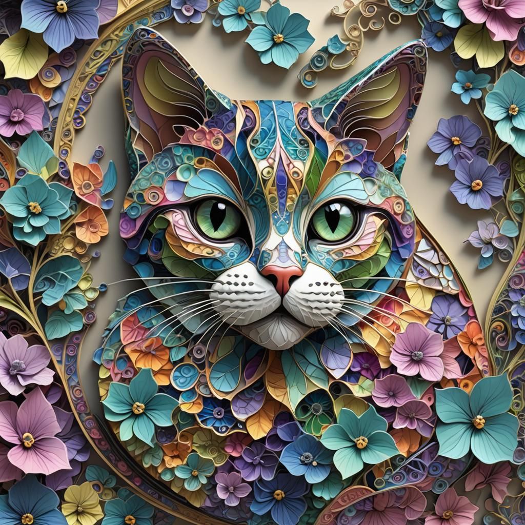 Colorful Fractal Cat Purse with Floral Zentangle Design